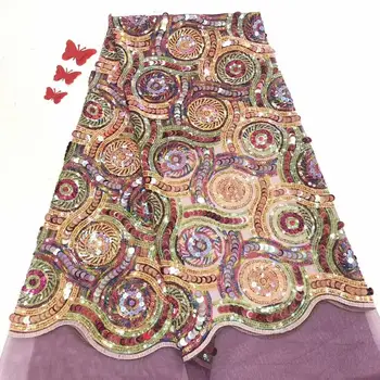 

fashions High Quality Purple sequins French Lace Fabric With 3D Embroidery Tulle Lace Fabric For Wedding 5 yards FD-1119
