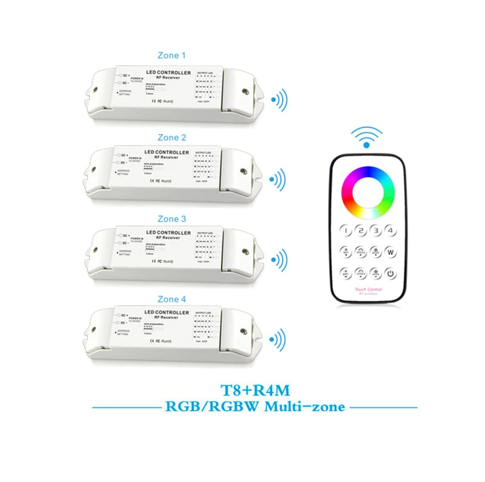 Bincolor T8+ R4M DC12V-24V многозонный rgbw-контроль Max 5x4A RF беспроводной пульт дистанционного управления+ приемник контроллер для светодиодной ленты