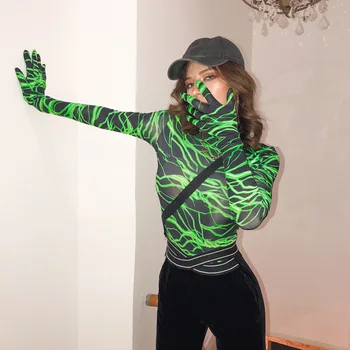 

Green Lightning Print Skinny Bodysuit Female High Collar Long Sleeve Gloves Pullover Fashion 2019Autumn Ladies New Slim Jumpsuit