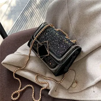 

Popular Bag Female Sequin Chain Bag 2020 New Korean Style All-match Messenger Bag Patent Leather Fashion Small Square Bag