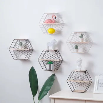 

Iron Wall Storage Holder Decorative Shelf In Hexagon Storage Rack Shelf Geometric Wall Decoration Organizer home decor 1PC