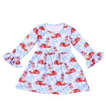 

New Christmas Kids Clothing Cute Deer Pattern Dress Ruffle Sleeve Baby Fall/winter Boutique Clothes Christmas Party Wear