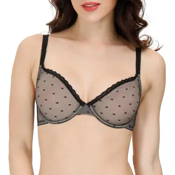 

New Ladies Black Mesh Lace Bralette Bras For Women Sexy Lingerie Big Size Plunge Bra Unlined Thin Push Up Transparent Brassiere