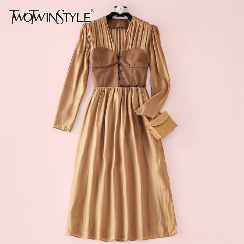 TWOTWINSTYLE Patchwork Hit Color Women Dress V Neck Puff Long Sleeve High Waist Tunic Ruched Elegant Dresses For Female Fasion TWOTWINSTYLE Patchwork Hit Color Women Dress V Neck Puff Long Sleeve High Waist Tunic Ruched Elegant Dresses For Female Fasion