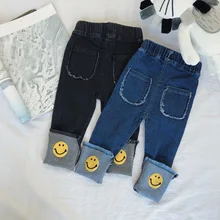 Xdp2019 Осень стиль корейский стиль мужчины и женщины ребенок смайлик гофрированные эластичные джинсы