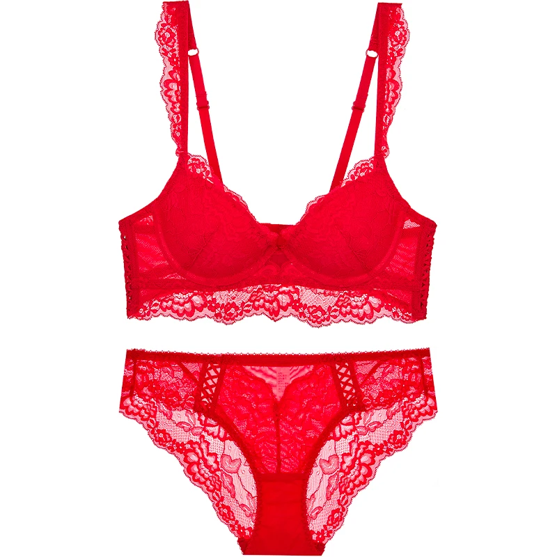 Ladies lingerie lace embroidery women's underwear sexy small chest gathered adjustable bra panties set