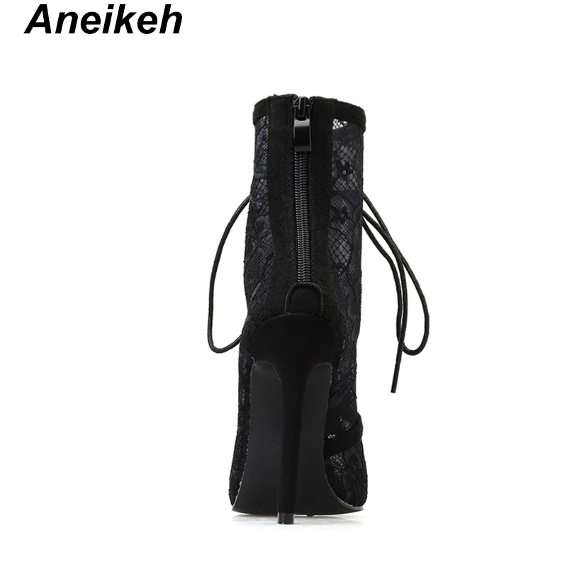 Aneikeh/ г. Новые женские ботинки из сетчатой ткани для зрелых женщин свадебные туфли с острым носком на тонком высоком каблуке, на шнуровке, с цветочным рисунком черный цвет, размеры 35-40