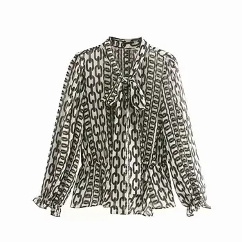 

new women vintage chain printing casual smock Shirts blouses women bow tied business roupas autumn femininas chemise tops LS4507
