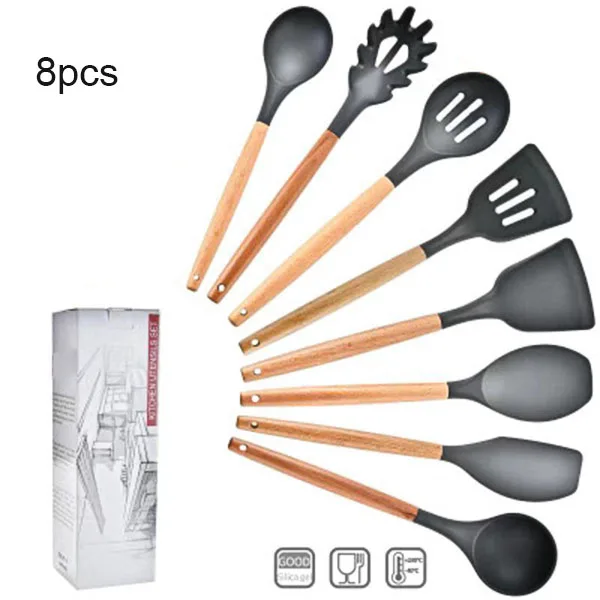 Силиконовая кухонная утварь, набор кухонной утвари, антипригарная кухонная посуда, деревянные ручки, инструменты для приготовления пищи, щипцы, лопатка, ложка, магазин