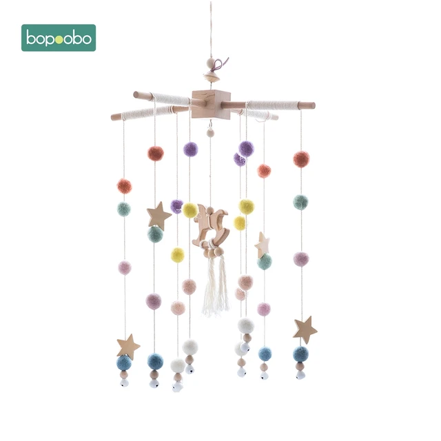 Bopoobo 1set Silicone Beads Baby Mobile Beech Wood Bird Rattles Wool Balls Kid Room Bed Hanging Decor Nursing Children Products Horse Set