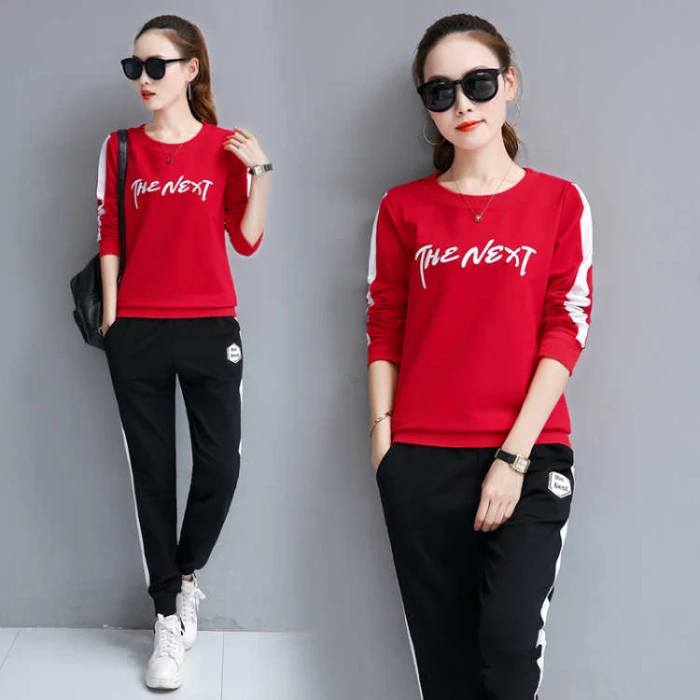 

Women 2 Piece Sets Autumn Spring Shirt&Pants Plus Size Side Striped Letter Pattern Sprots Sets Casual Steetwear B40