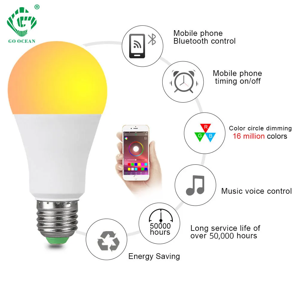 

Wireless Bluetooth Smart Bulb Lamp Music Voice Control 15W E27 B22 LED 16 Colors Timing Intelligent Bulbs Dimmable IOS Android