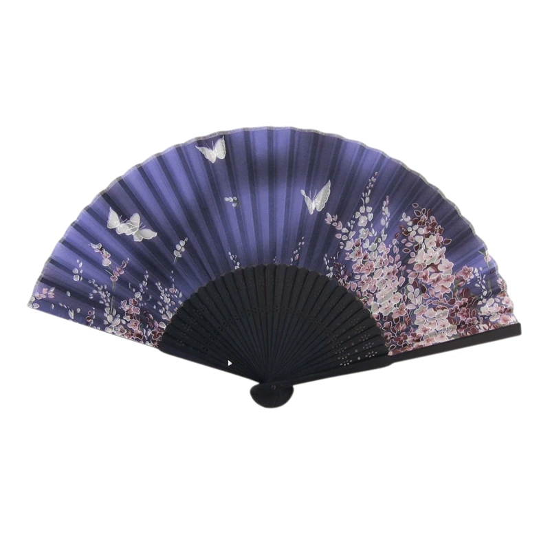 Японский Шелковый ручной вентилятор, синие маленькие цветы с бабочками