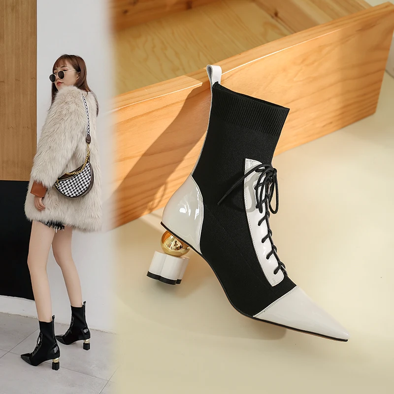 

2020 autumn and winter new cross strap sock boots thick-heeled Martin boots female pointed toe mid-heel thin boots X454