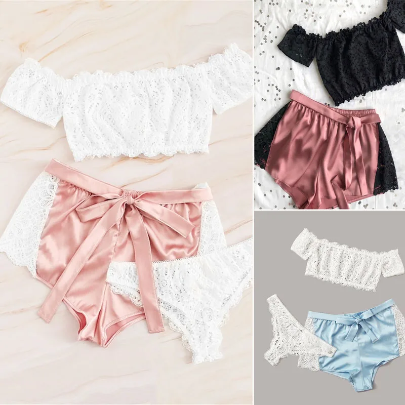 New 3PCS Women Lace Sexy Pajama Sets Babydoll T Shirt Top Shorts G-String Underwear Ladies Lingerie Nightwear Sleepwear Pajamas