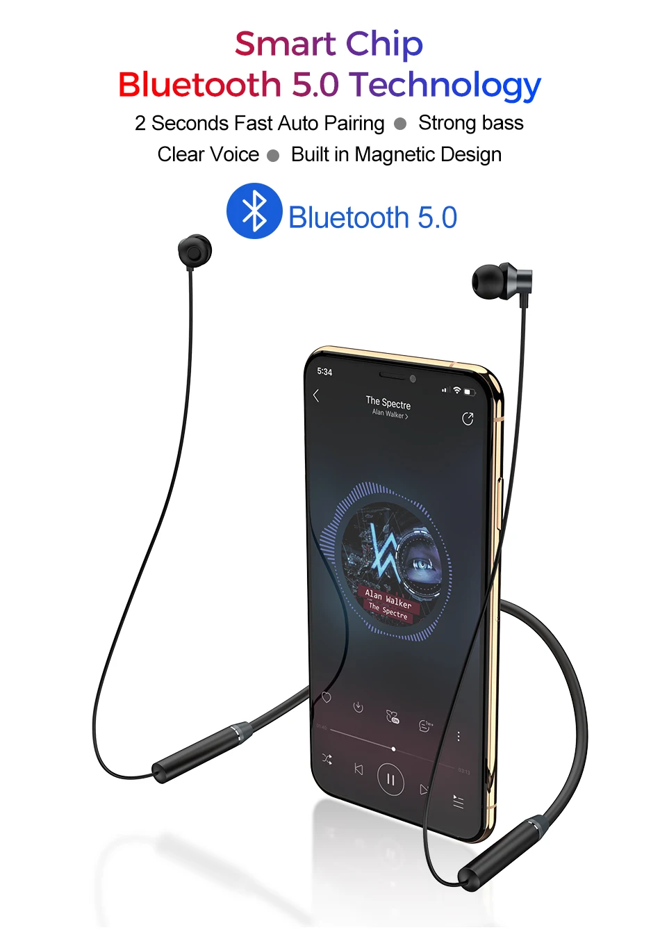 Магнитные беспроводные bluetooth-наушники ROCK с шейным ободком, спортивные стереогарнитура, свободные руки, водонепроницаемые наушники с микрофоном