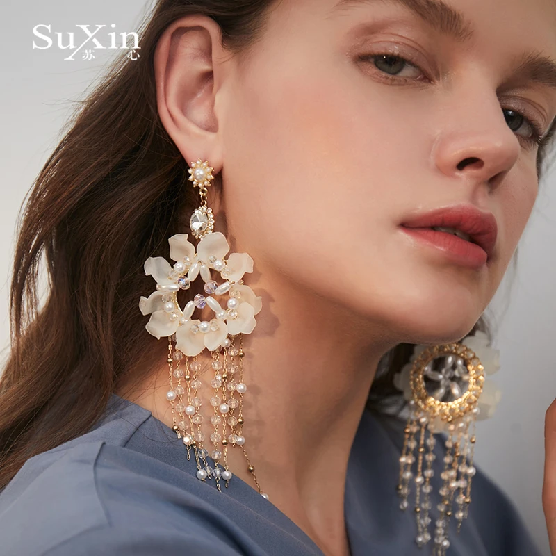 Корейские акриловые серьги Suxin прозрачные с цветами и кисточками для женщин