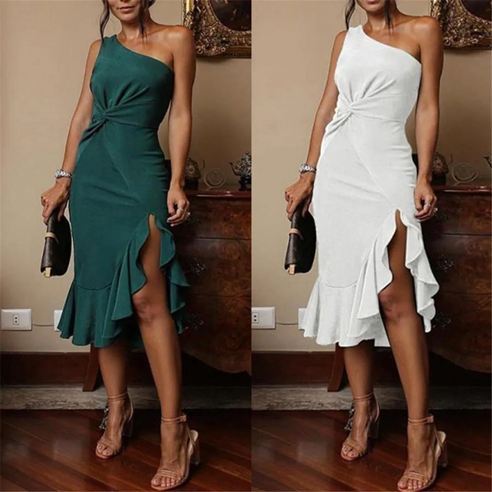 

One-shoulder Mid-length Solid Color Dress Women Pleated Ruffles Stitching Slim Waist Dresses Patchwork Irregular Mermaid Dress