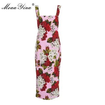 

MoaaYina Women's Summer Runway Midi Dress Women's Charming Flower Print Sexy Party Spaghetti Strap Dresses Vestdios