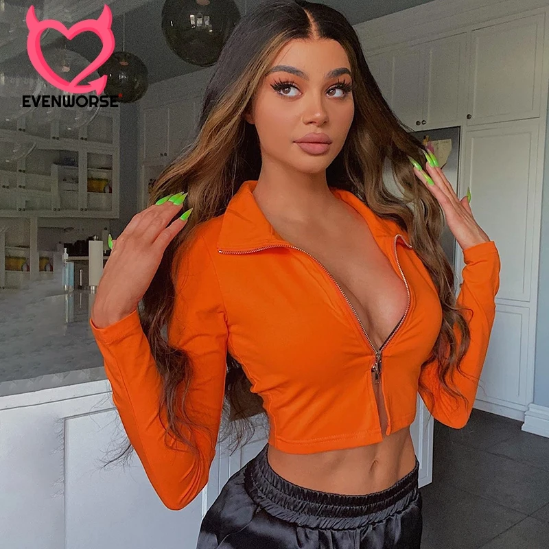 

Evenworse Long Sleeve Zipper Sexy Standing collar T-Shirts Autumn Ribbed Knitted Fork opening Navel exposed casual Tight Tops