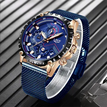 

2019 New LIGE Mens Watch Top Brand Luxury Sport Mesh Steel Waterproof Quartz Watch Mens Fashion Blue Date Chronograph Male Clock