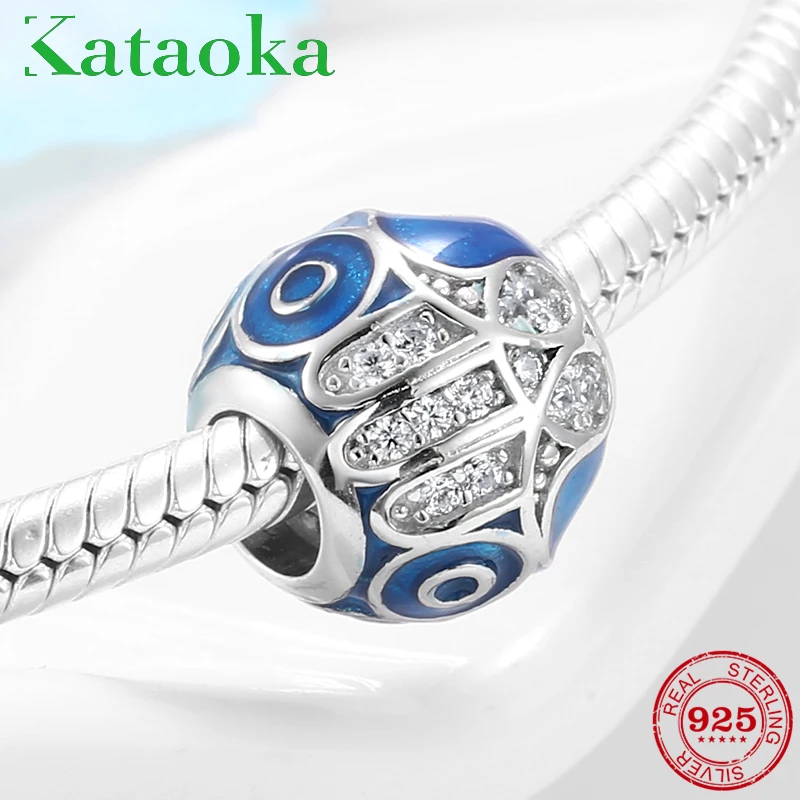 Authentic 925 Silver Good Luck Hand Of Fatima CZ Charms Blue Enamel Beads Fit Original European Bracelet Bangles Jewelry making | Украшения