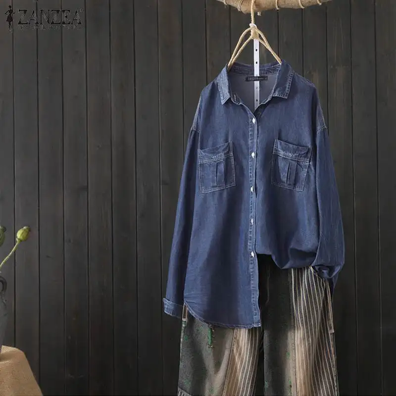 2022 Vintage Women's Blouse ZANZEA Casual Solid Denim Blue Shirt Ladies Work Office Tunic Blusas Oversized Female Loose Tops 5XL