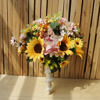 

Summer Beach Wedding Sunflower Bridal Bouqet The Bride Holding Flowers Flores Artificiales Artificial Bridesmaid Wedding Bouquet
