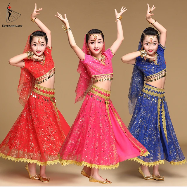 Girls Bollywood Dance Costume Set Adult Kids Belly Dance Indian Sari  Children Chiffon Outfit Halloween Party Performance Costume - AliExpress