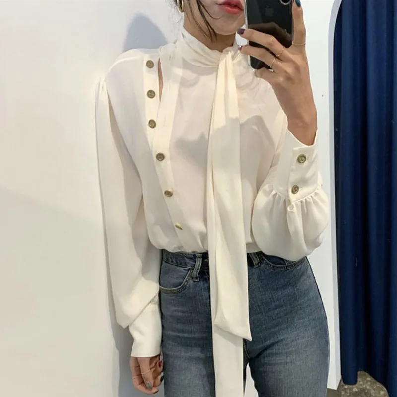 

TVVOVVIN New Summer Spring Korea Style Full Lantern Sleeve Stand Collar With Button Chiffon Single Breasted Women Shirt C982