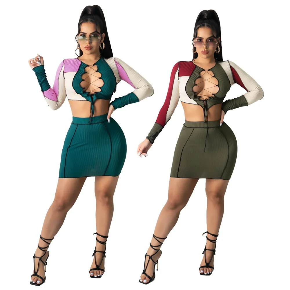 2021 Summer New Casual Suit Skirt Set Womens Breast Covered Splicing Top + Miniskirt Sexy Tight Boot Covering Skirt Two Piece
