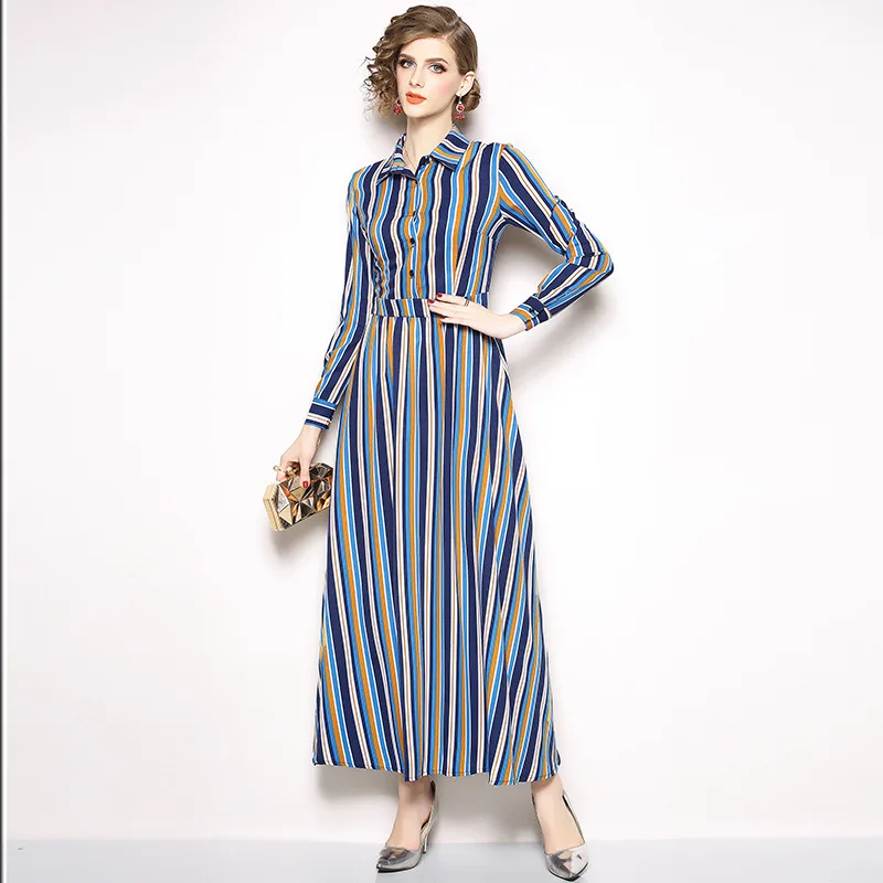 

Photo Shoot Autumn And Winter New Style Floral Printed Dress Fold-down Collar Single Breasted Long Sleeve Stripes Slimming Long