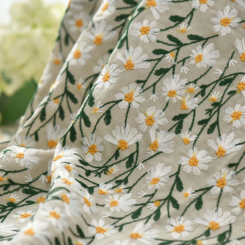 50x120cm Exquisite Daisy Embroidery Fabric Cotton Linen 3d Daisy Flower