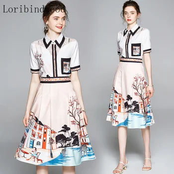 

Women Fashion Printed Two Piece Set Casual Short Sleeve Shirt Tops + Midi A-Line Skirt Plus Size Blouse Female Summer Skirt Suit
