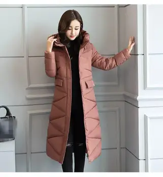 

2019 Women Fashion Winter Warm Long Padded Jacket Thicke Slim Cotton Solid Hooded Coat Pockets Zippers Cotton Coat
