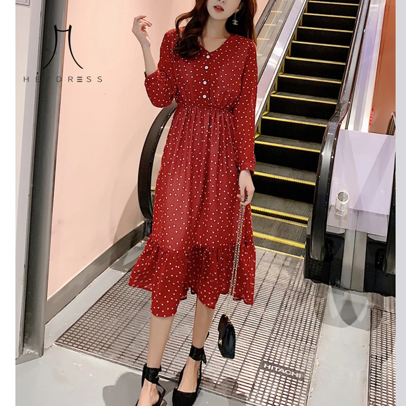 

Heydress Two Layers V-neck Dot Printed A-line Women Long Dress Full Sleeve Female Chiffon Dress Elastic Waist Vestidos