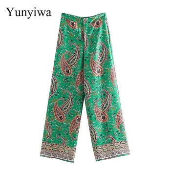 

2020 Women Fashion Position Paisley Flower Print Wide Leg Pants Retro Chic Long Trousers Female Casual Zipper Pantalones