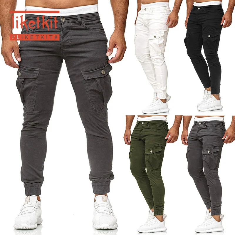 

Liketkit Mens Casual Joggers Pants 2019 Solid Patchwork Cotton Cargo Pants Homme Elastic Military Skinny Pants Fitness Trousers