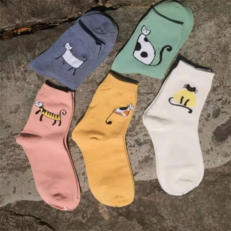 

1Pair Autumn Winter Women Ladies Girls Cartoon Cat Print Tube Socks Japanese Harajuku Skateboard Cotton Funny Socks