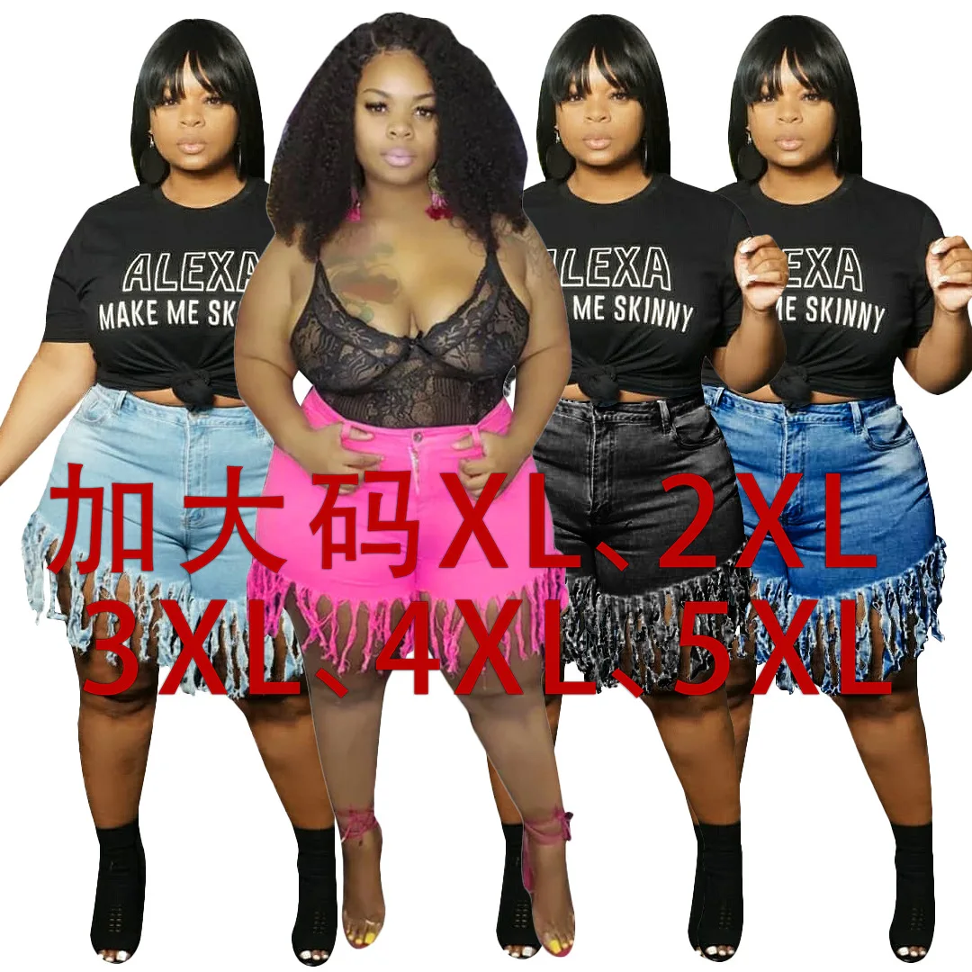 

HSF2372 Women's plus size jeans fashion sexy bag hip tassel fat MM denim straight shorts