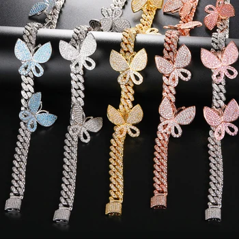 

Iced out butterfly chain Prong cuban link chain with butterfly Butterfly anklet butterfly bracelet