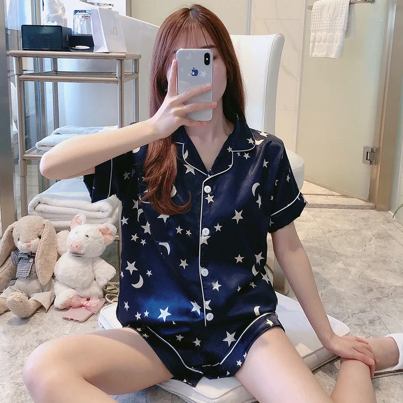 잠옷 새틴 여성 세트 실크 잠옷 여성용 나이트 스타 문 프린트 잠옷 잠옷, 2020 소녀 홈 의류 홈웨어