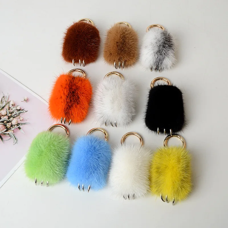 

Cute Girls Natrual Mink Fur Wolf Paw Keychain Women Fluffy Pompom Key Ring On Bag Car Trinket Jewelry Party Girlfriend Gift