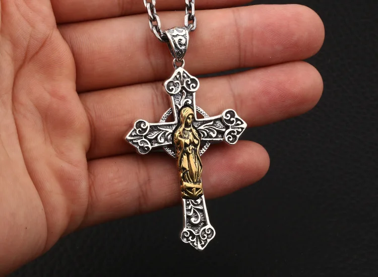 AMDXD Jewelry Necklace for Men 925 Silver Polished Cross Pendant with Virgn Mary Punk Necklace for Men AMDXD Jewelry Necklace for Men 925 Silver Polished Cross Pendant with Virgn Mary Punk Necklace for Men