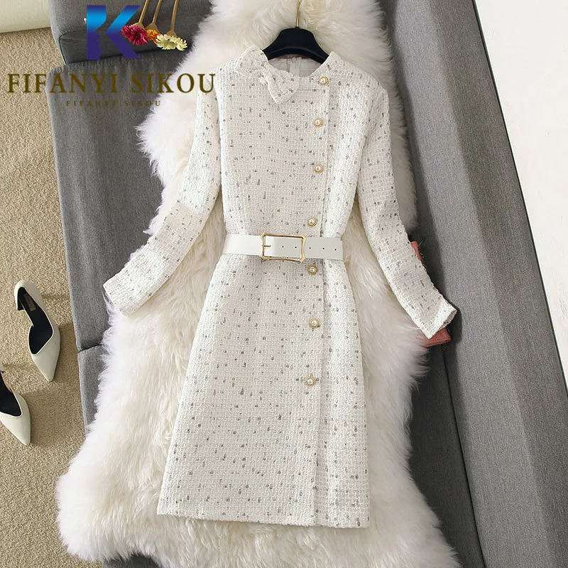 

Женское твидовое платье, однобортное модное платье средней длины с высокой талией и круглым вырезом, элегантное вечернее платье с длинным рукавом на осень