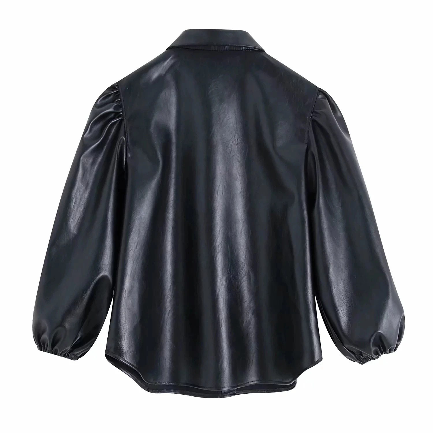  PU leather Women Blouse Shirts turn-down collar long sleeve faux leather black loose Shirt Women to