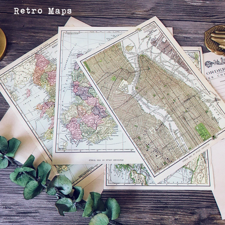 4PCS\SET A5 Travel Style Vintage Maps Material Background Planner Junk Journal Paper Set For Scrapbooking Happy Planner