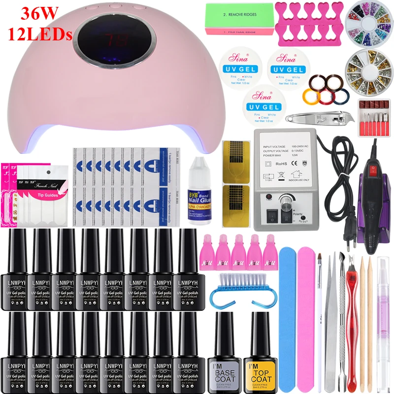 16/10 pcs Nail Gel Polish Set Kit 90/80/54/36W UV LED Lamp Manicure Set Nail Art Salon ForManicure Tools WIth Nail Drill Machine