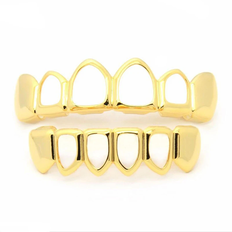Gold Color New Custom Fit Rock Style Hip Hop Hollow Open Face Teeth Grill Caps Top & Bottom Grill Set  #232057 