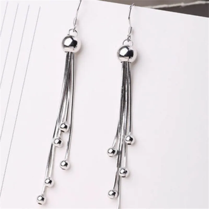 Graceful Jewelry Silver Earrings For Women Round Bead Long Dangle Drop Silver Tassel Earrings With Tassels Drop Earrings Eardrop